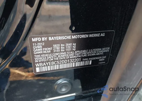 2013 BMW 750Li from USA, damaged, VIN WBAYE8C52DD132201